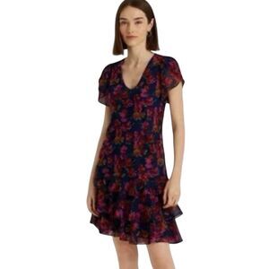 Lauren Ralph Lauren Floral Georgette Dress flutter sleeves ruffled tiered Hem Sz